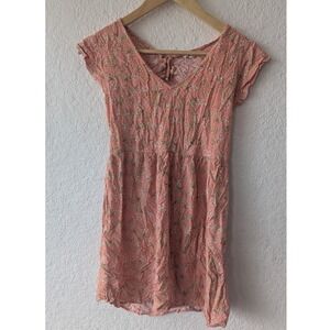 Stitch & Pine Floral Print Mini Dress Peach Open Back Ruffle Sleeves - Size M